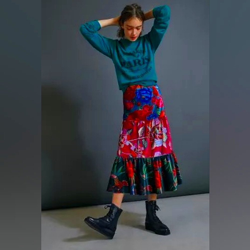 NWT Farm Rio Tiered Velvet Midi Skirt- XS